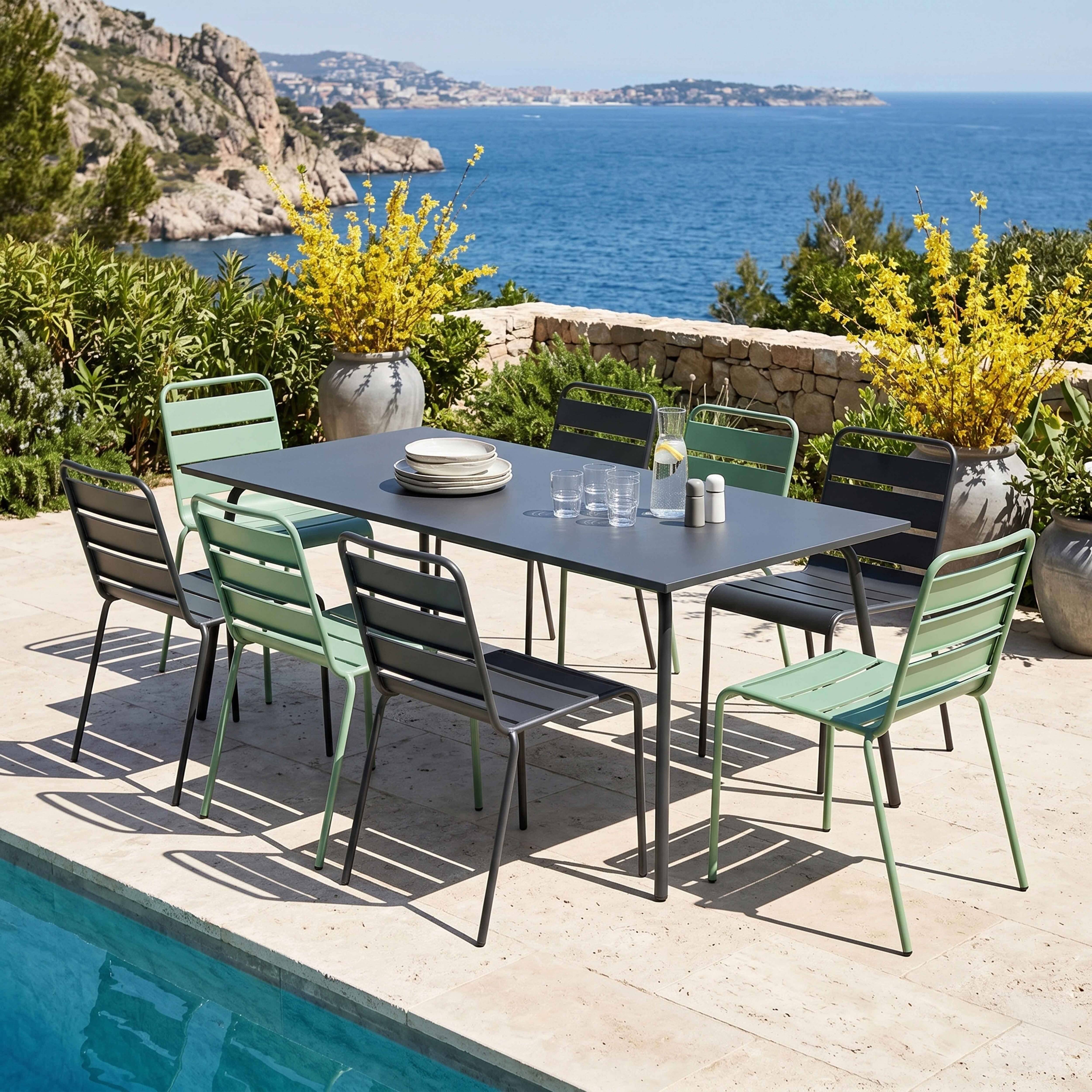 Oviala - Ensemble table de jardin et 8 chaises en métal gris et vert sauge Palavas - Oviala - Imagen 2