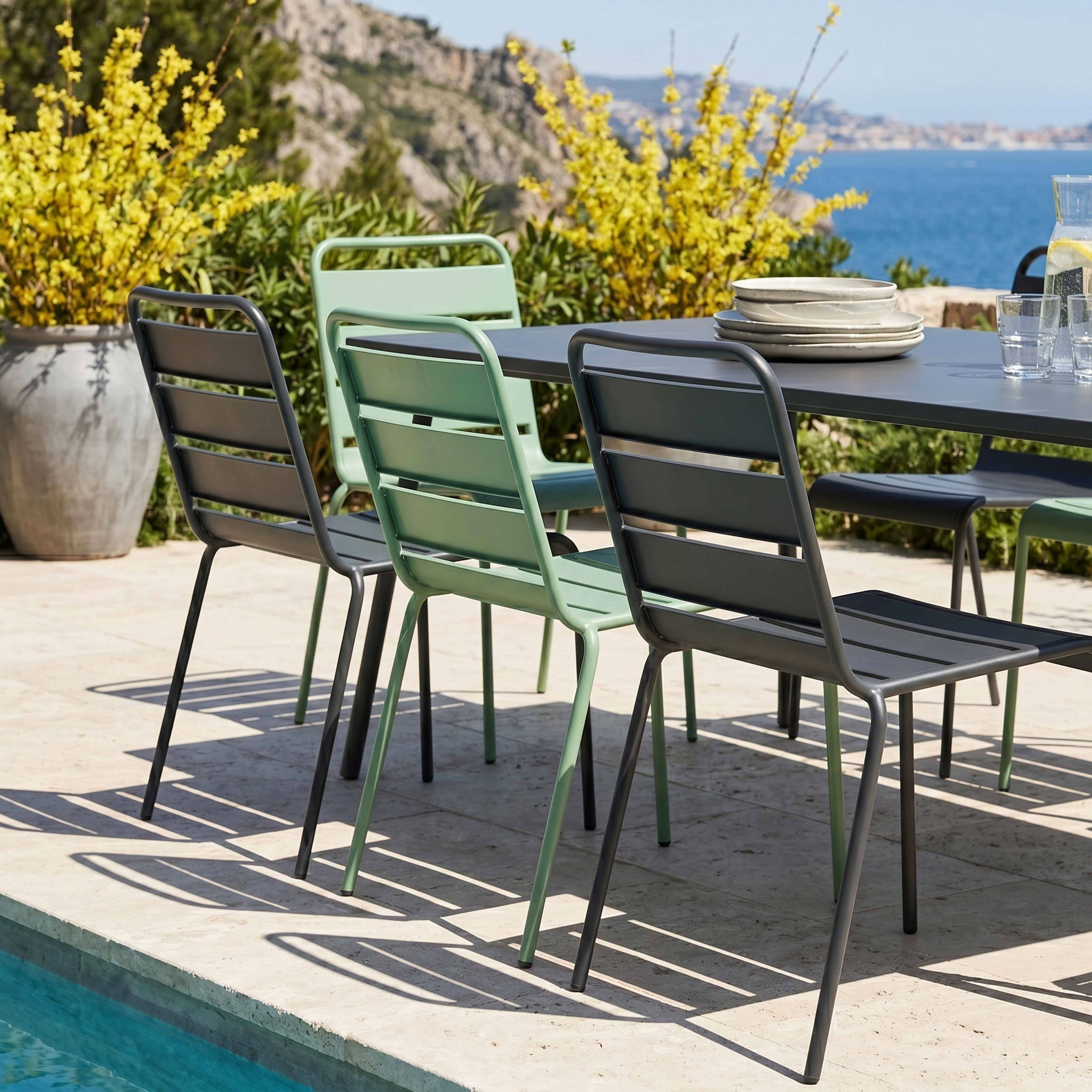 Oviala - Ensemble table de jardin et 8 chaises en métal gris et vert sauge Palavas - Oviala - Imagen 4