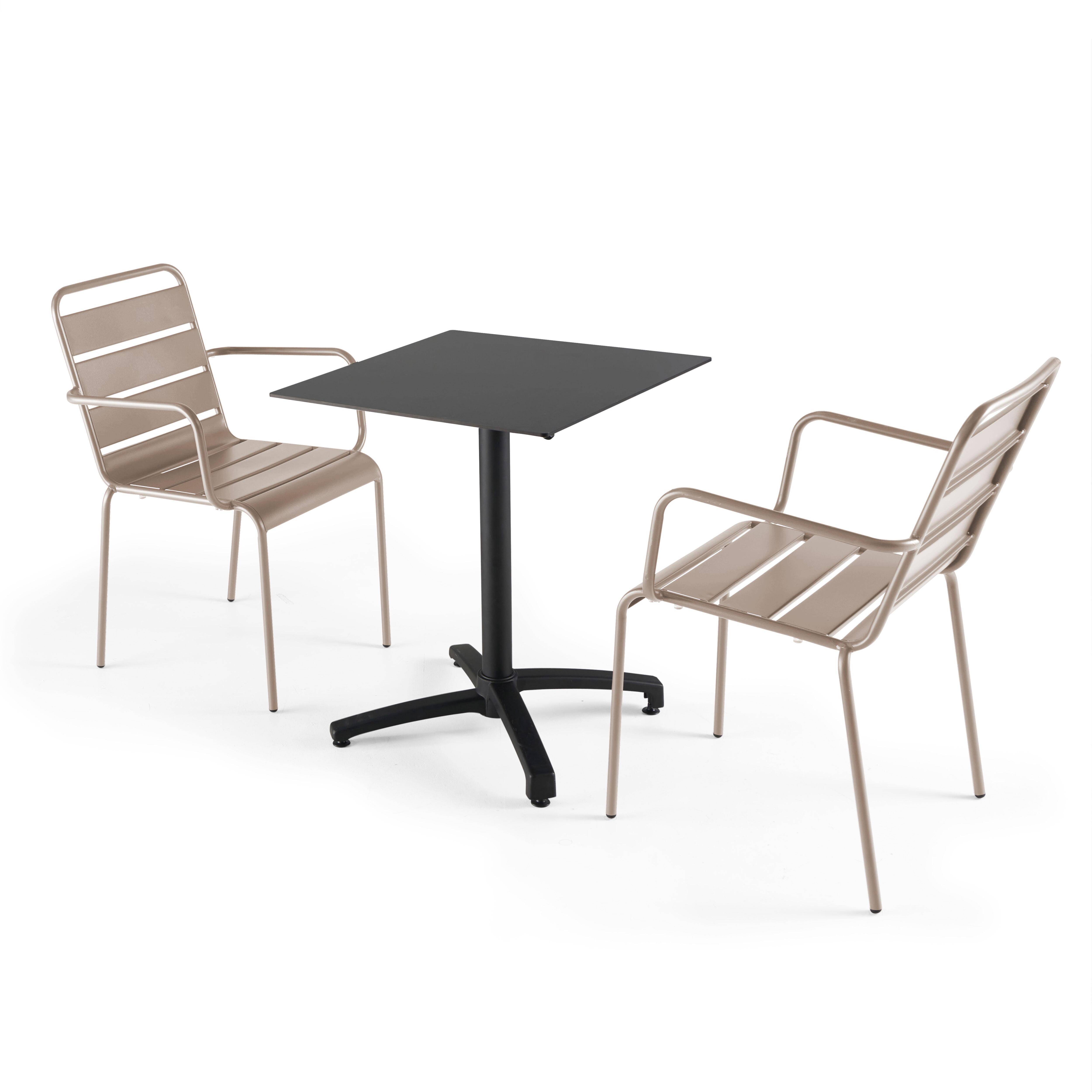 Oviala - Ensemble table 60 cm noir et 2 fauteuils en métal taupe - Oviala - Imagen 1