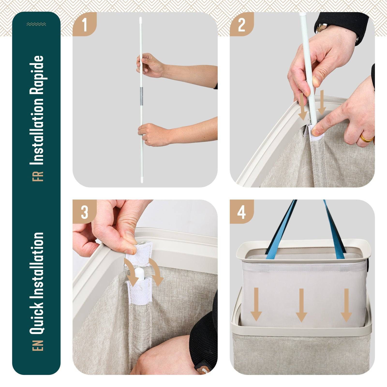 Panier à linge 170L avec couvercle et 3 sacs amovibles auto-ajustable - 3 compartiments - beige - VOUNOT® - Image 7