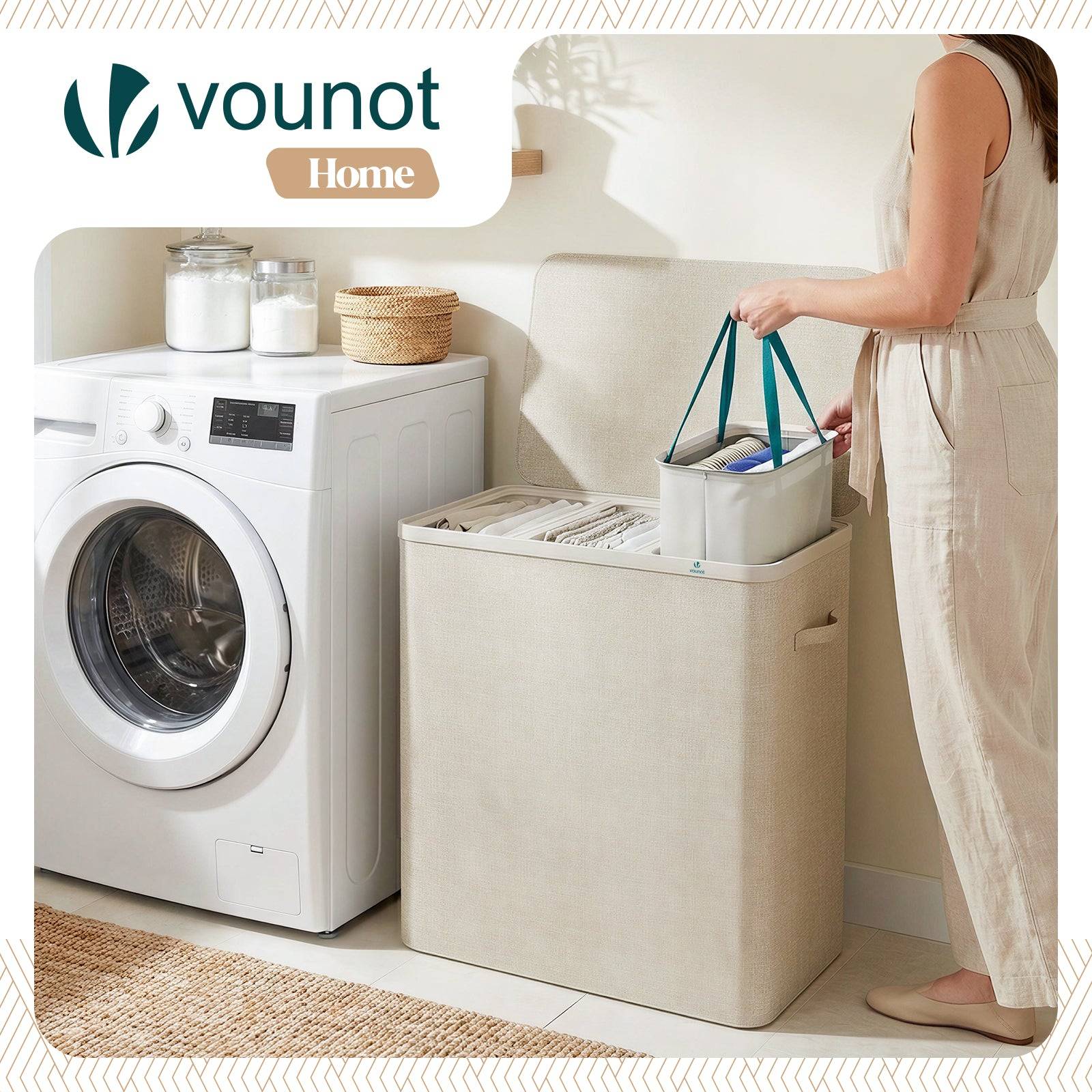 Panier à linge 170L avec couvercle et 3 sacs amovibles auto-ajustable - 3 compartiments - beige - VOUNOT® - Image 5