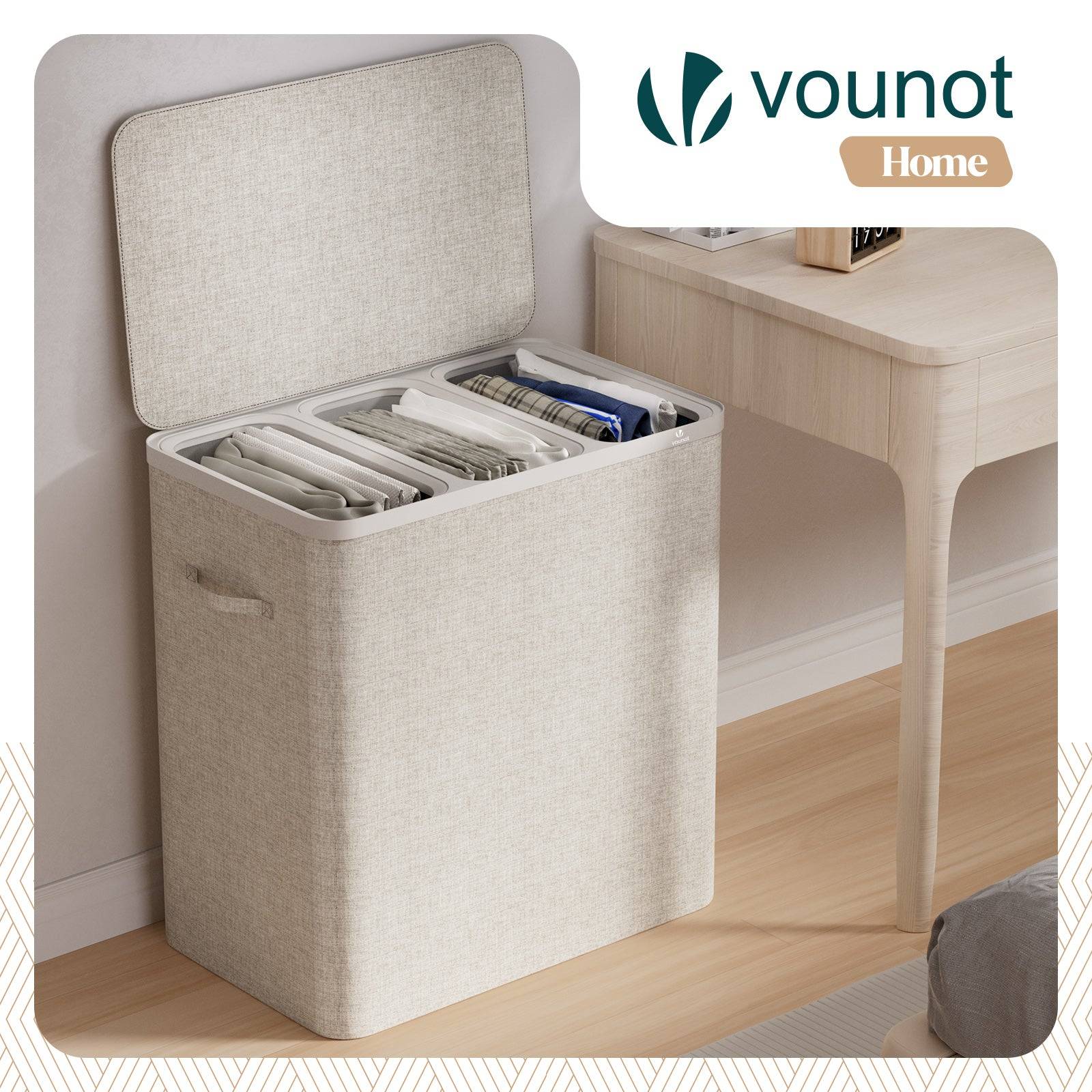 Panier à linge 170L avec couvercle et 3 sacs amovibles auto-ajustable - 3 compartiments - beige - VOUNOT® - Image 2