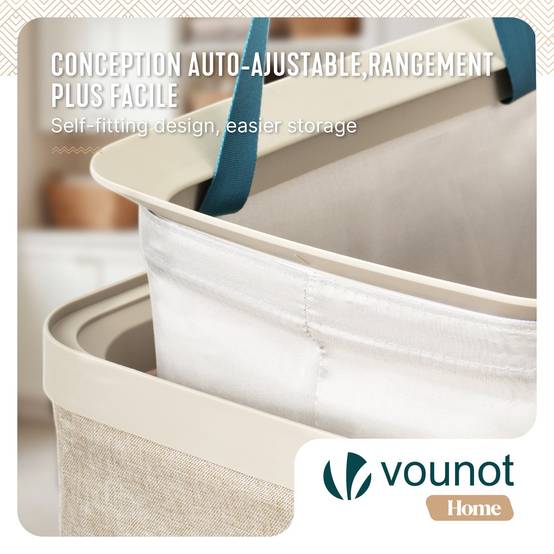 Panier à linge 170L avec couvercle et 3 sacs amovibles auto-ajustable - 3 compartiments - beige - VOUNOT® - Image 4