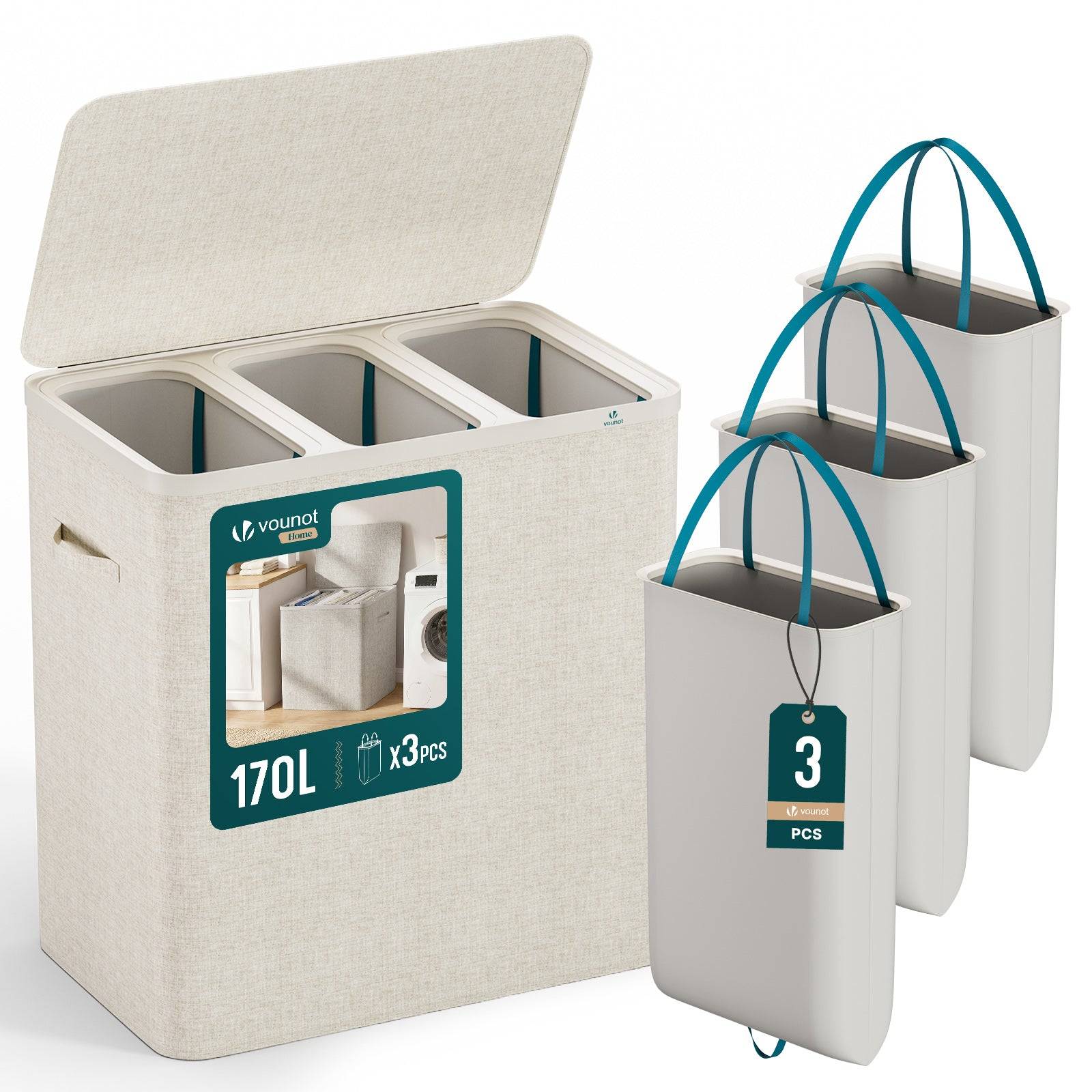 Panier à linge 170L avec couvercle et 3 sacs amovibles auto-ajustable - 3 compartiments - beige - VOUNOT® - Image 1