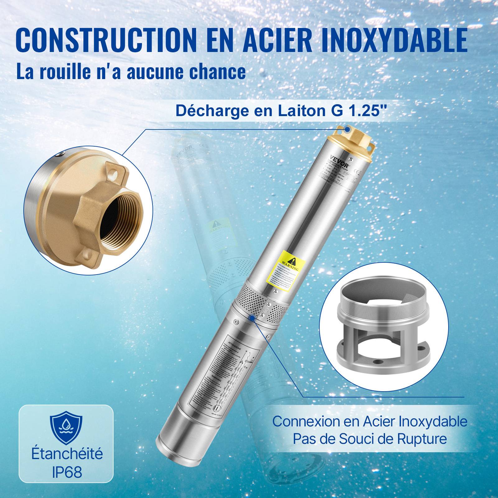 VEVOR Pompe Immergée Pompe à Eau pour Puits Profond Inox 750 W 105 L/min 62 m - Image 4