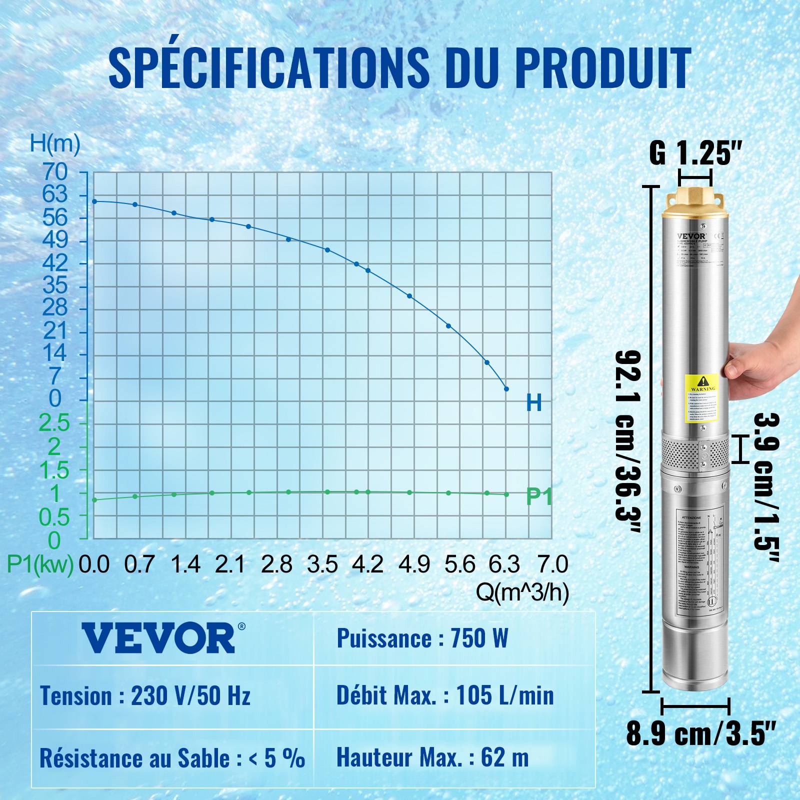 VEVOR Pompe Immergée Pompe à Eau pour Puits Profond Inox 750 W 105 L/min 62 m - Image 7