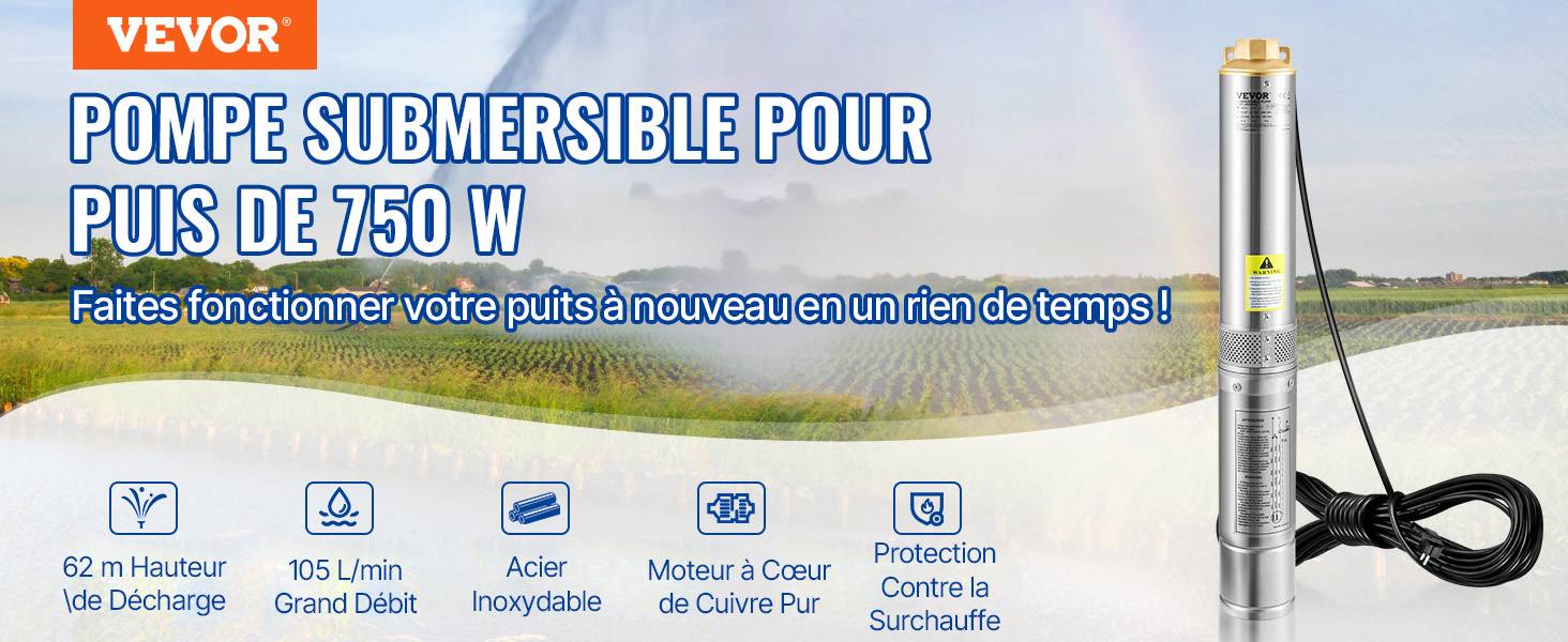 VEVOR Pompe Immergée Pompe à Eau pour Puits Profond Inox 750 W 105 L/min 62 m - Image 9