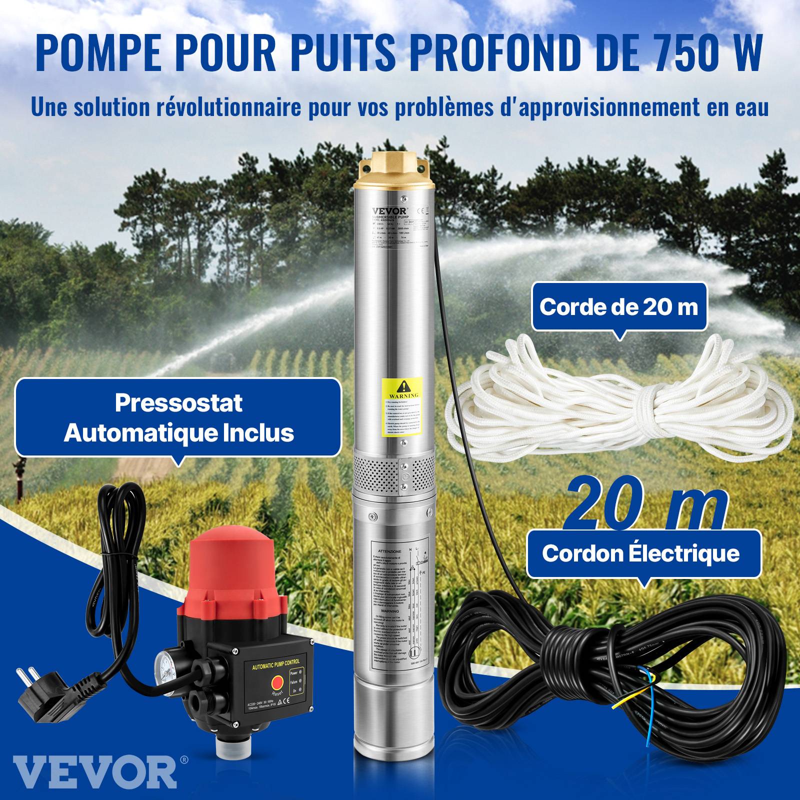 VEVOR Pompe Immergée Pompe à Eau pour Puits Profond Inox 750 W 105 L/min 62 m - Image 2