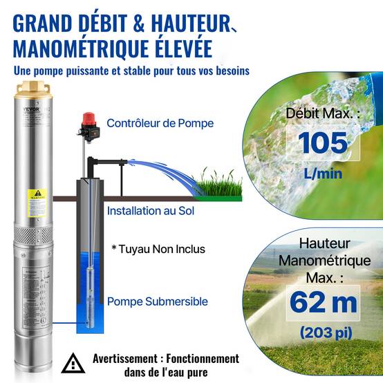 VEVOR Pompe Immergée Pompe à Eau pour Puits Profond Inox 750 W 105 L/min 62 m - Image 3