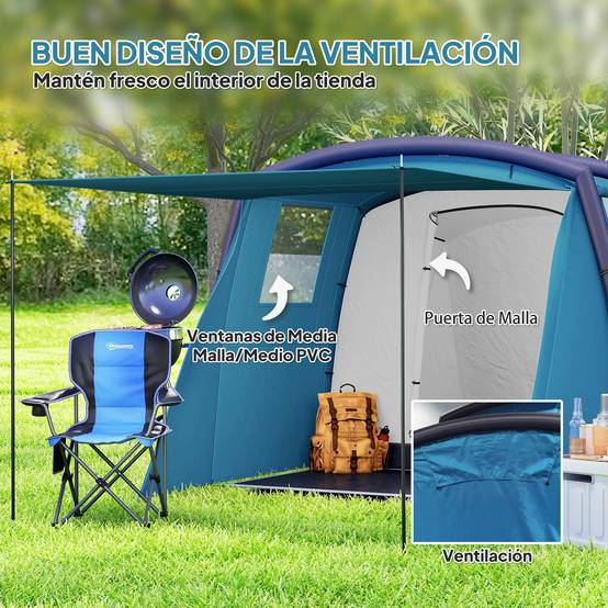 Tente tunnel gonflable pour 3 à 6 personnes avec vestibule, fenêtres en filet et sac de transport étanche (bleu) - Image 9