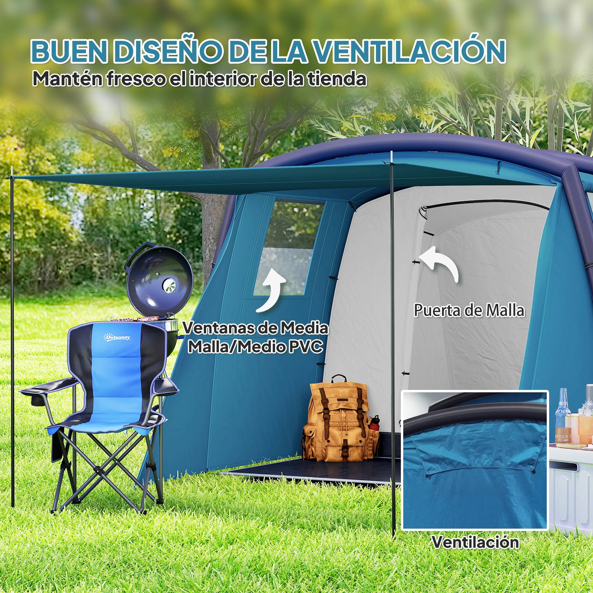 Tente tunnel gonflable pour 3 à 6 personnes avec vestibule, fenêtres en filet et sac de transport étanche (bleu) - Image 9