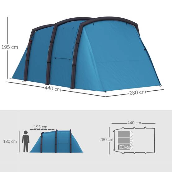Tente tunnel gonflable pour 3 à 6 personnes avec vestibule, fenêtres en filet et sac de transport étanche (bleu) - Image 5