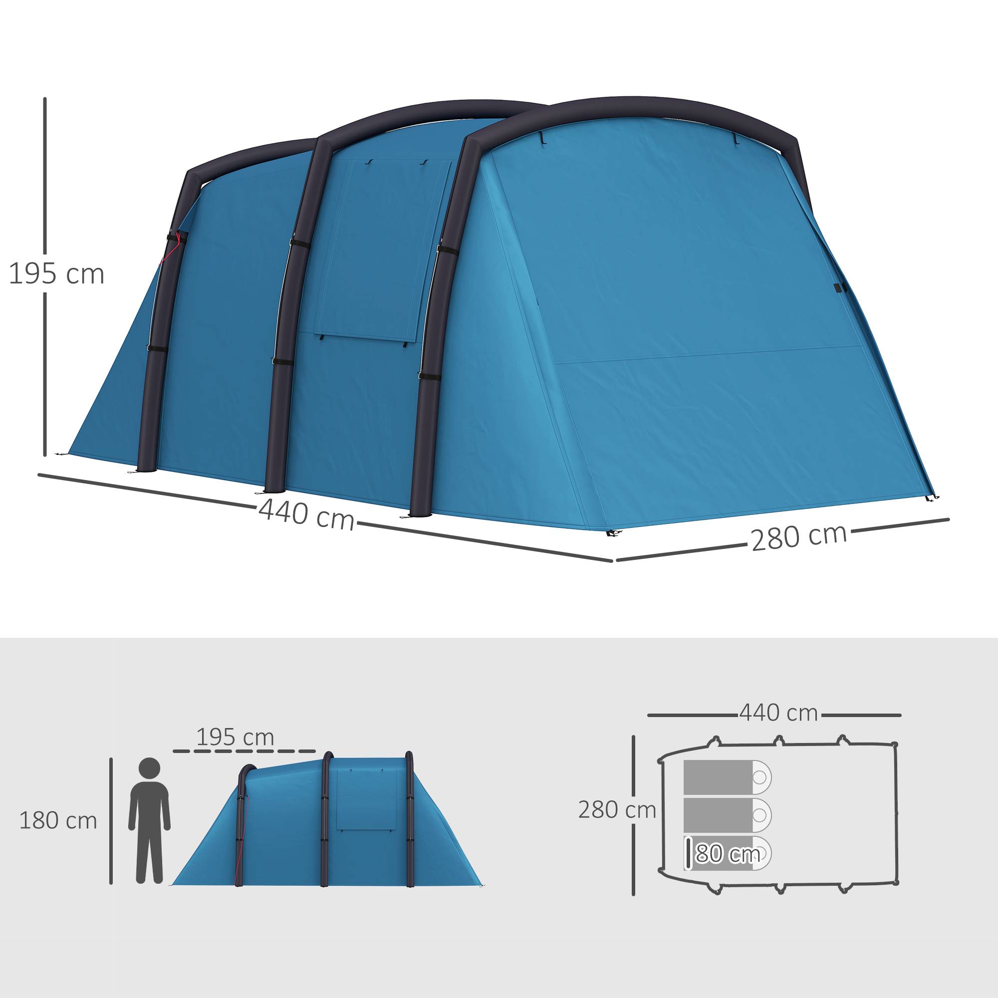 Tente tunnel gonflable pour 3 à 6 personnes avec vestibule, fenêtres en filet et sac de transport étanche (bleu) - Image 5
