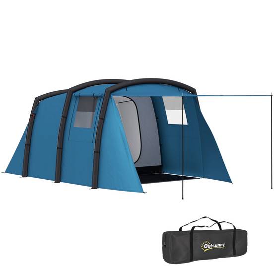 Tente tunnel gonflable pour 3 à 6 personnes avec vestibule, fenêtres en filet et sac de transport étanche (bleu) - Image 1