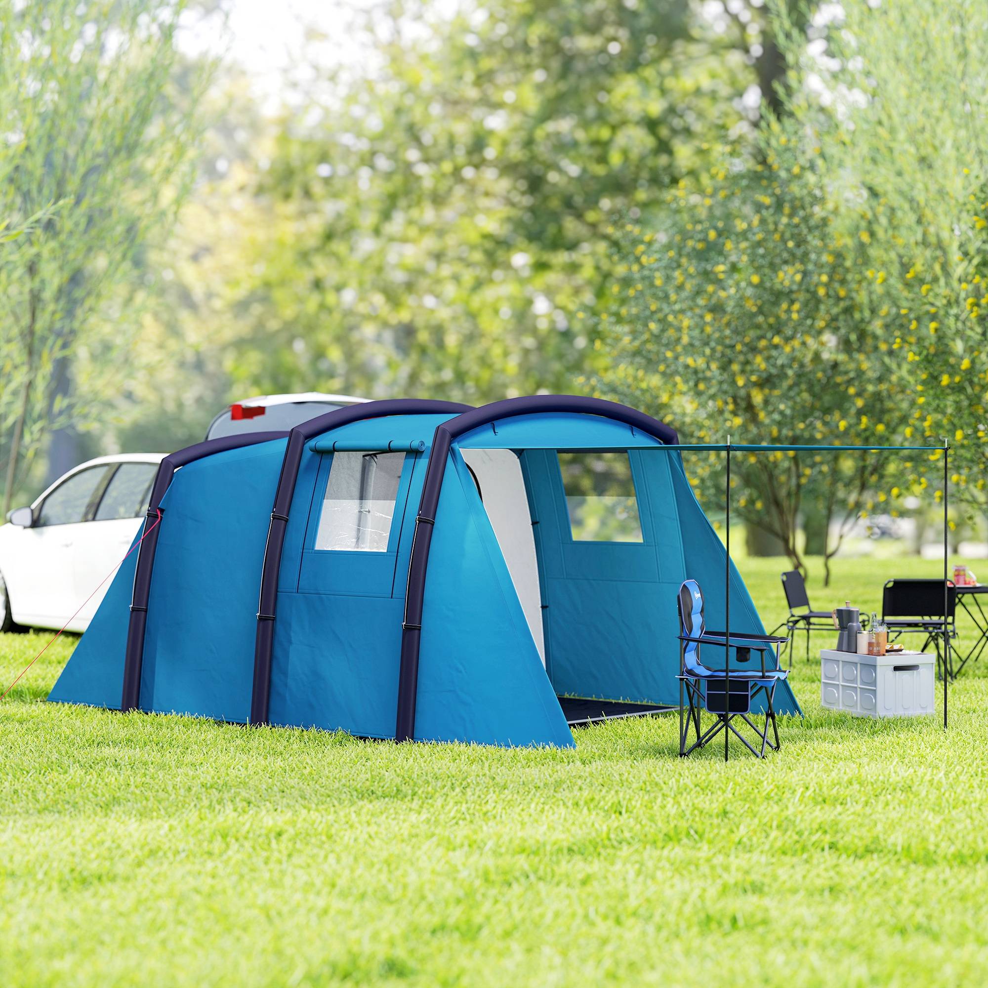 Tente tunnel gonflable pour 3 à 6 personnes avec vestibule, fenêtres en filet et sac de transport étanche (bleu) - Image 4