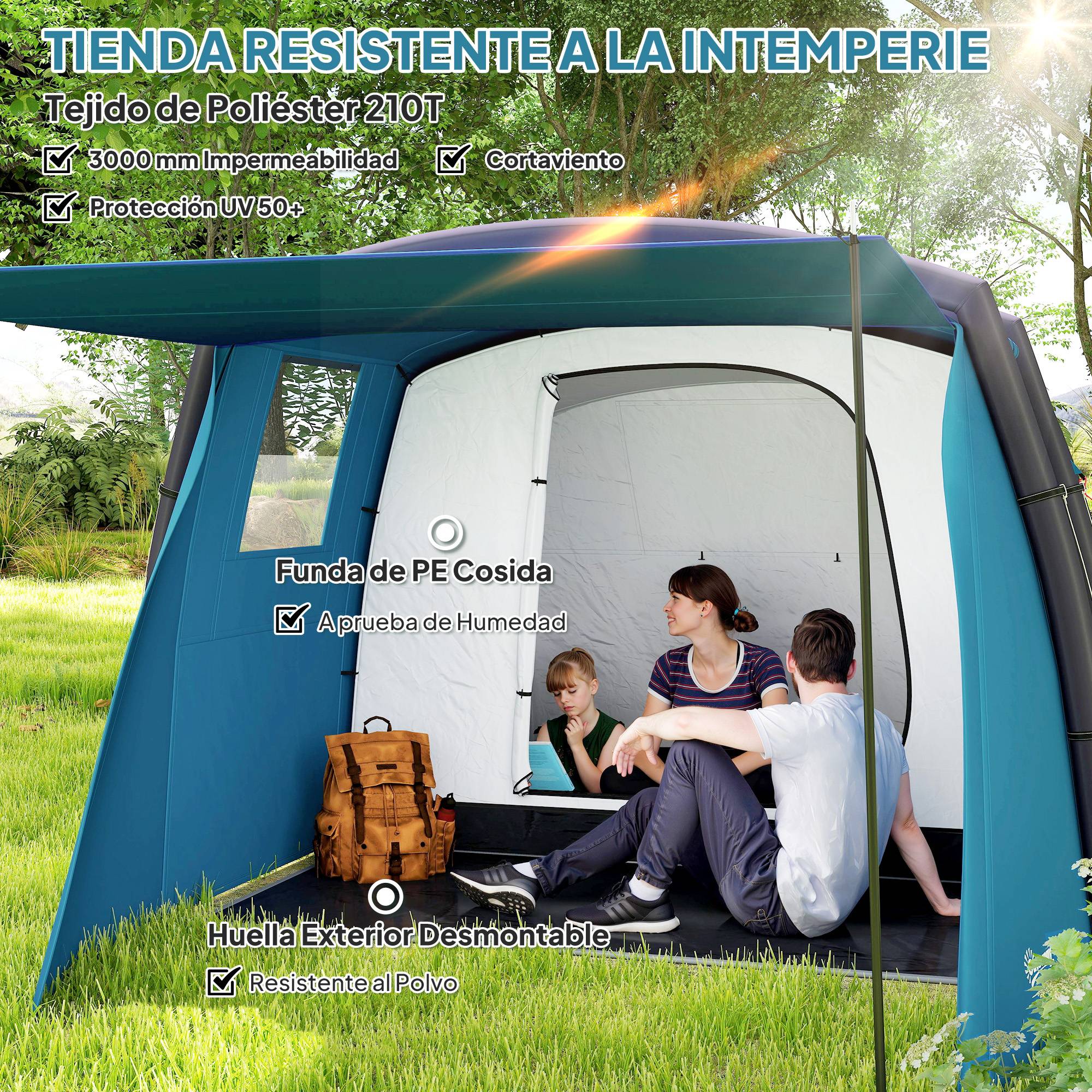 Tente tunnel gonflable pour 3 à 6 personnes avec vestibule, fenêtres en filet et sac de transport étanche (bleu) - Image 7