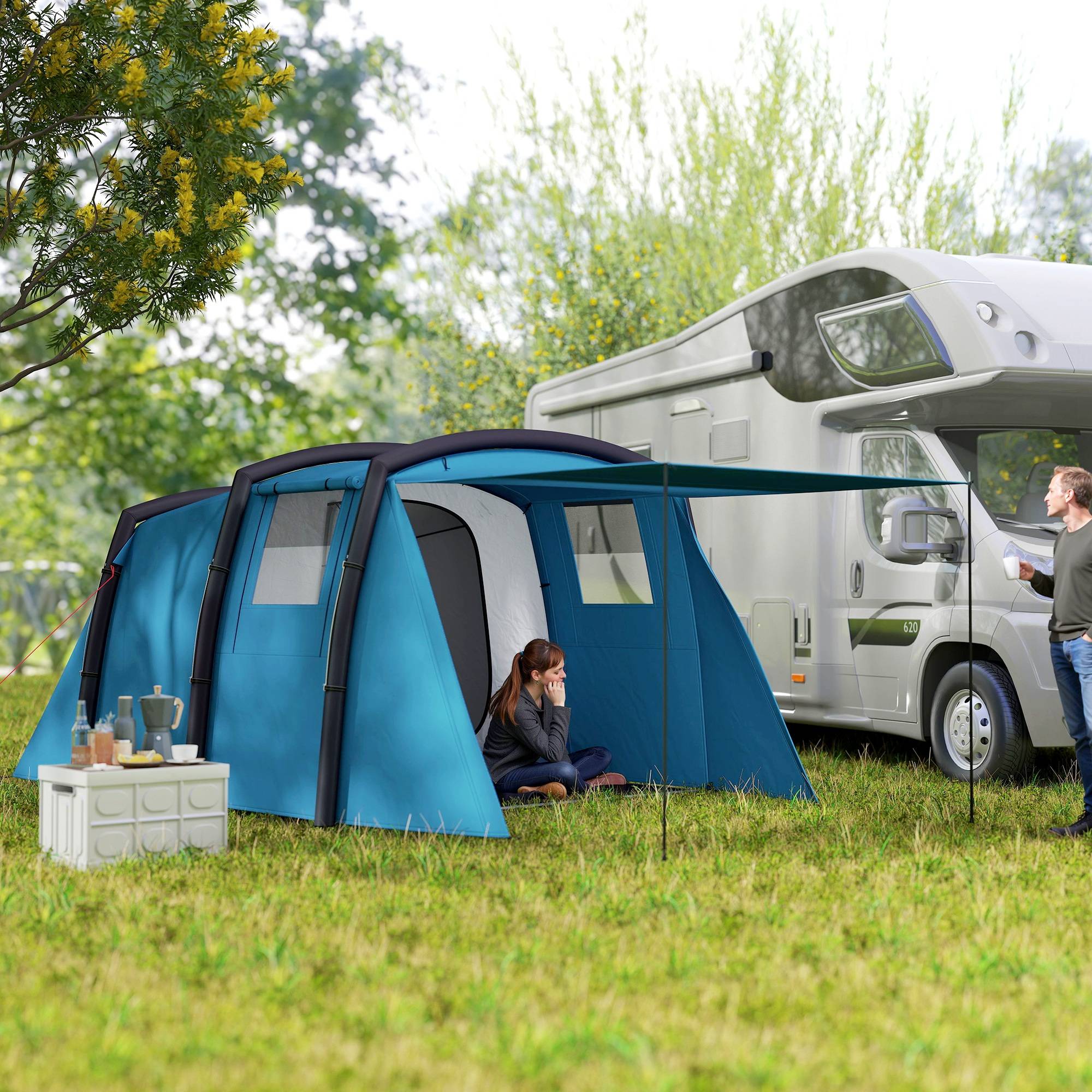 Tente tunnel gonflable pour 3 à 6 personnes avec vestibule, fenêtres en filet et sac de transport étanche (bleu) - Image 3