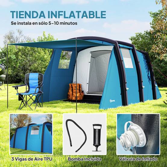 Tente tunnel gonflable pour 3 à 6 personnes avec vestibule, fenêtres en filet et sac de transport étanche (bleu) - Image 6