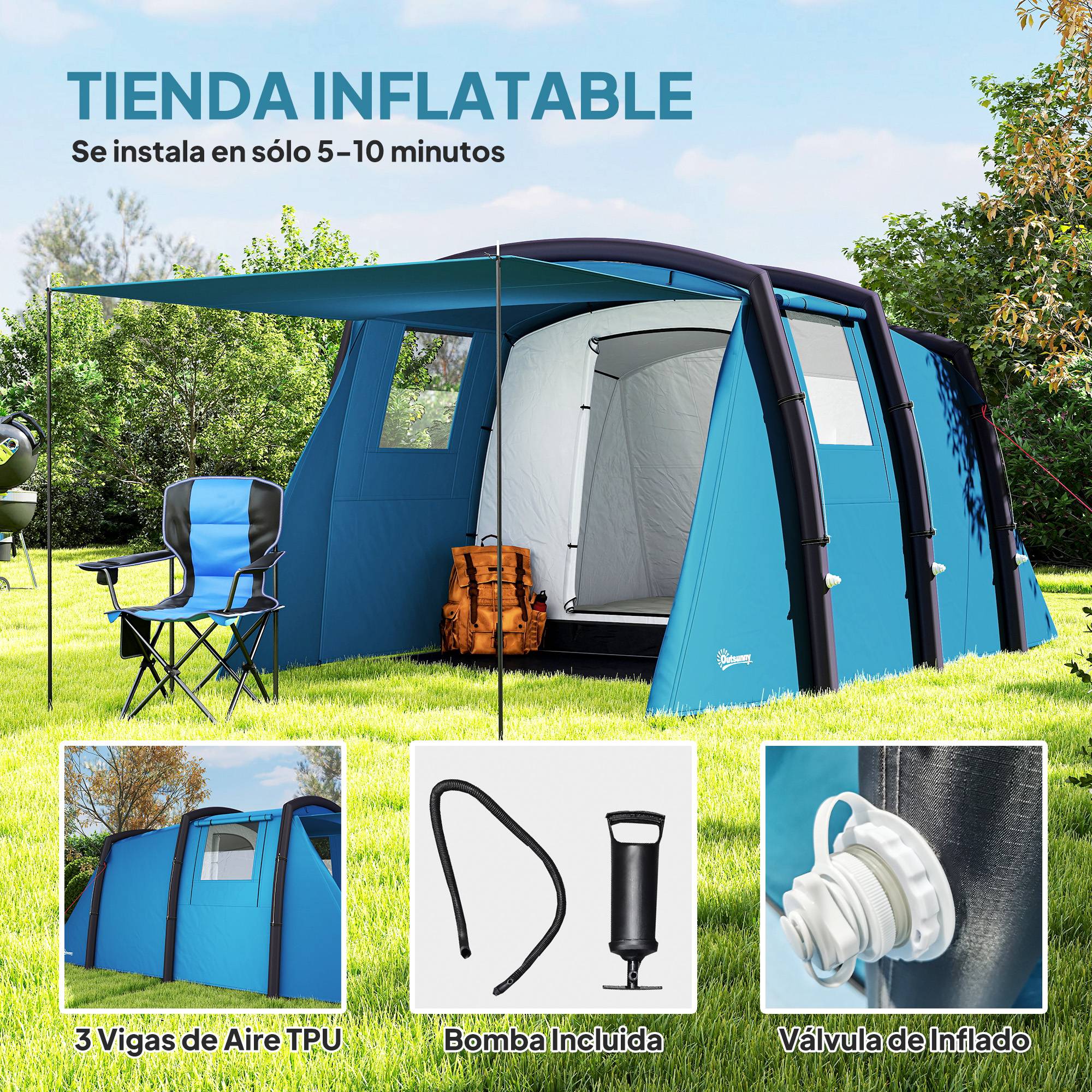 Tente tunnel gonflable pour 3 à 6 personnes avec vestibule, fenêtres en filet et sac de transport étanche (bleu) - Image 6