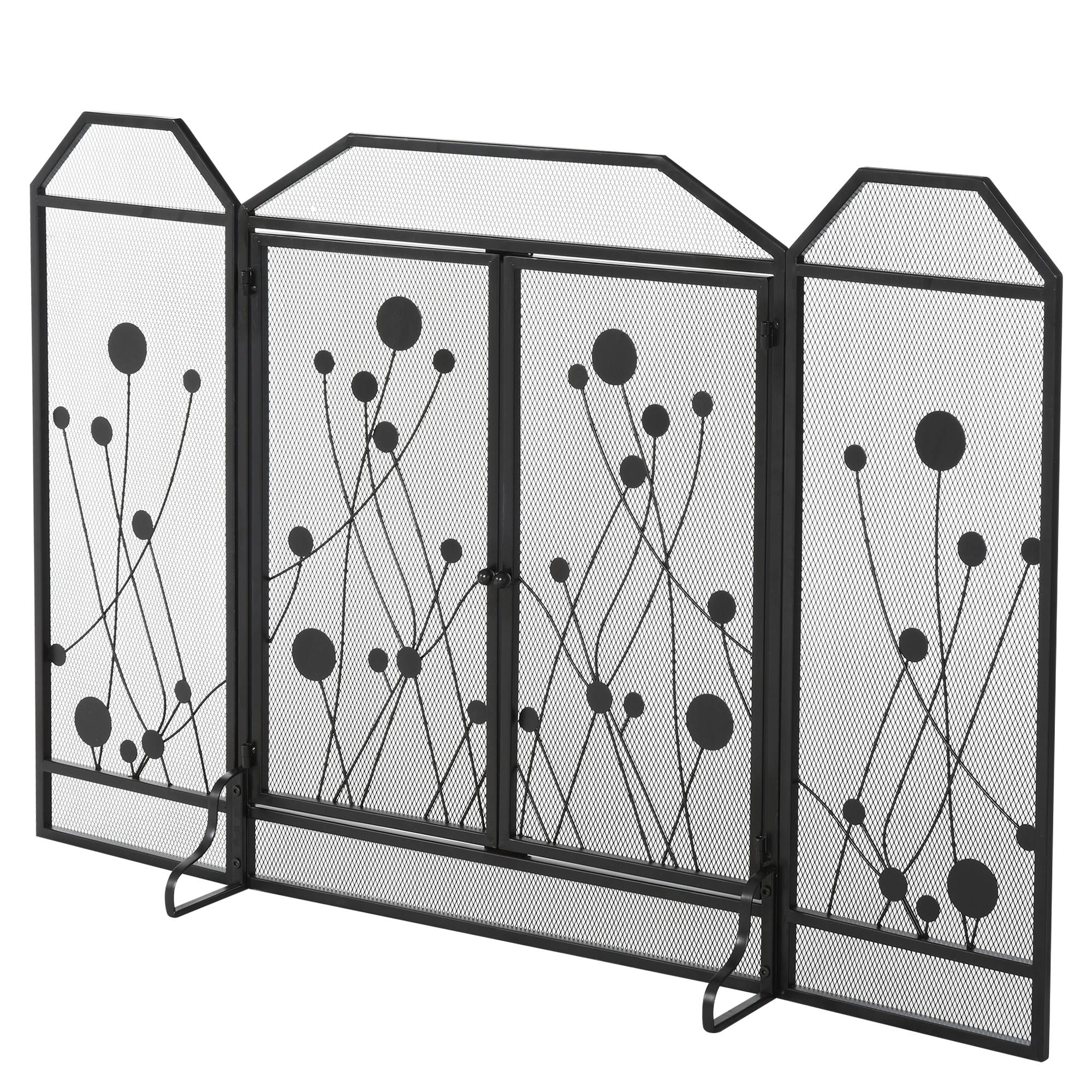 Pare-feu pliable en acier noir et métal avec 2 portes à fermeture magnétique, 125 x 80 cm