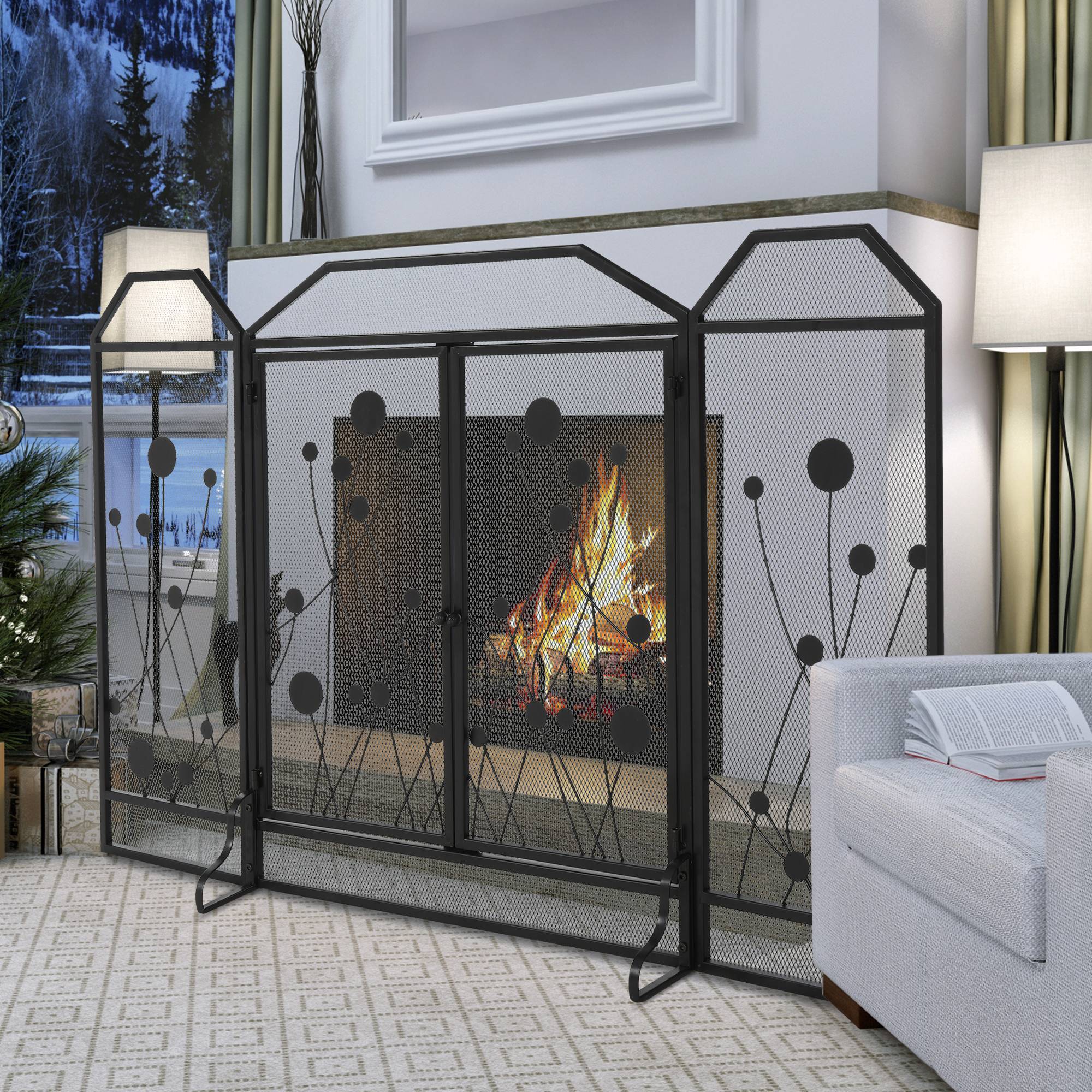 Pare-feu pliable en acier noir et métal avec 2 portes à fermeture magnétique, 125 x 80 cm - Image 3
