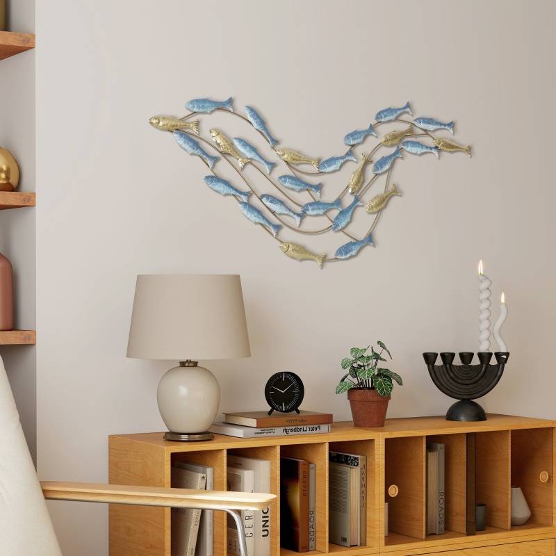 Décoration murale poissons métal pour salon design moderne bleu clair 99,7x50,2cm - ComfortXL Outdoor Living - Image 8