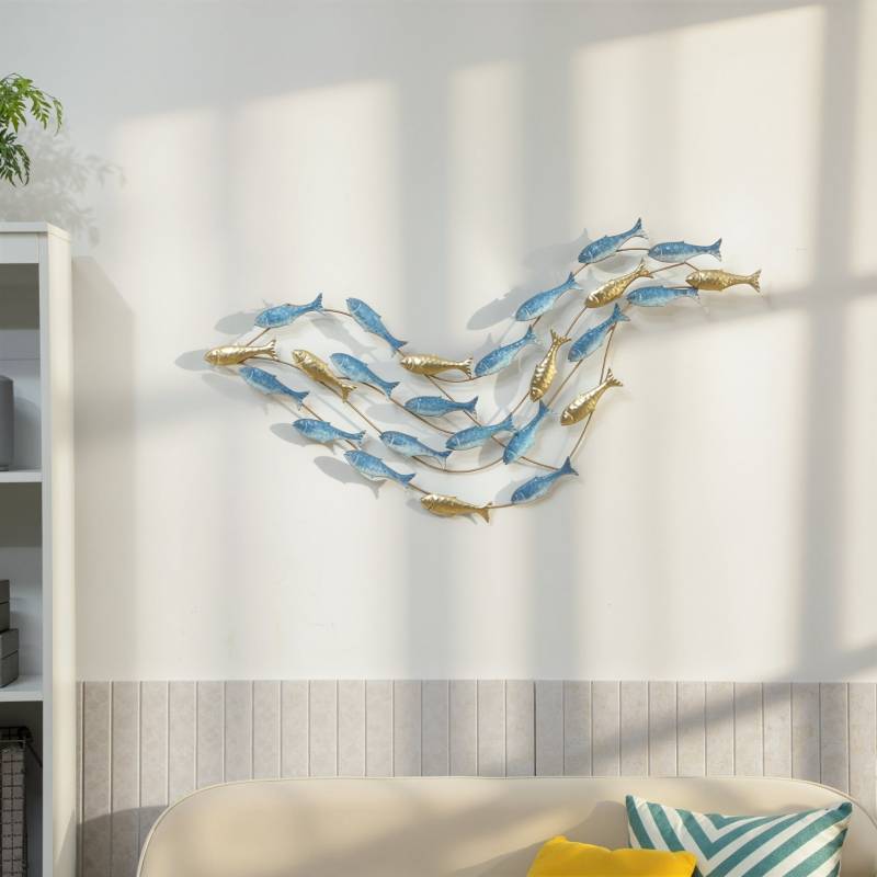 Décoration murale poissons métal pour salon design moderne bleu clair 99,7x50,2cm - ComfortXL Outdoor Living - Image 1