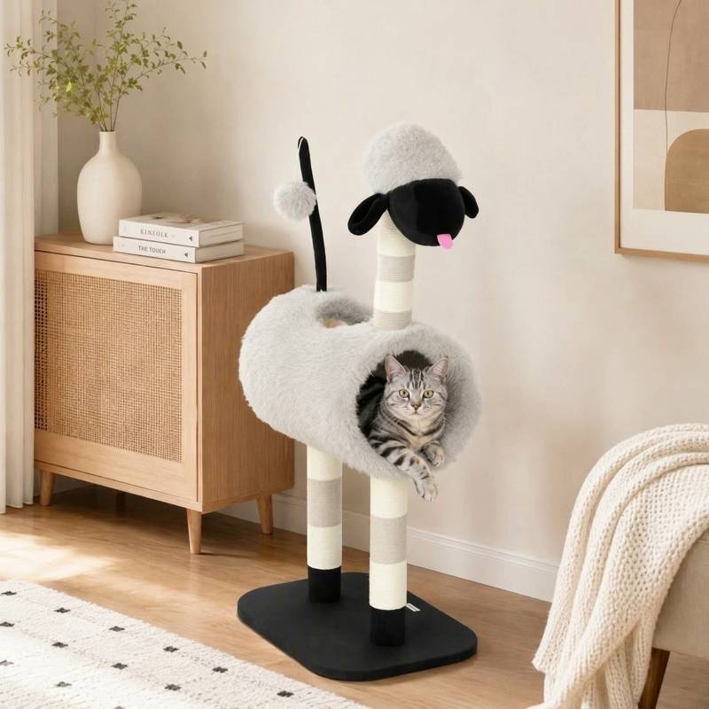 Arbre à chat design mouton, poteau à gratter, tunnel et jouet, 98 cm, gris clair - Image 7
