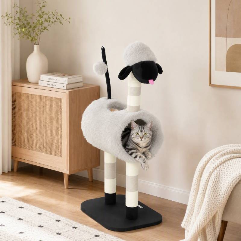 Arbre à chat design mouton, poteau à gratter, tunnel et jouet, 98 cm, gris clair - Image 8