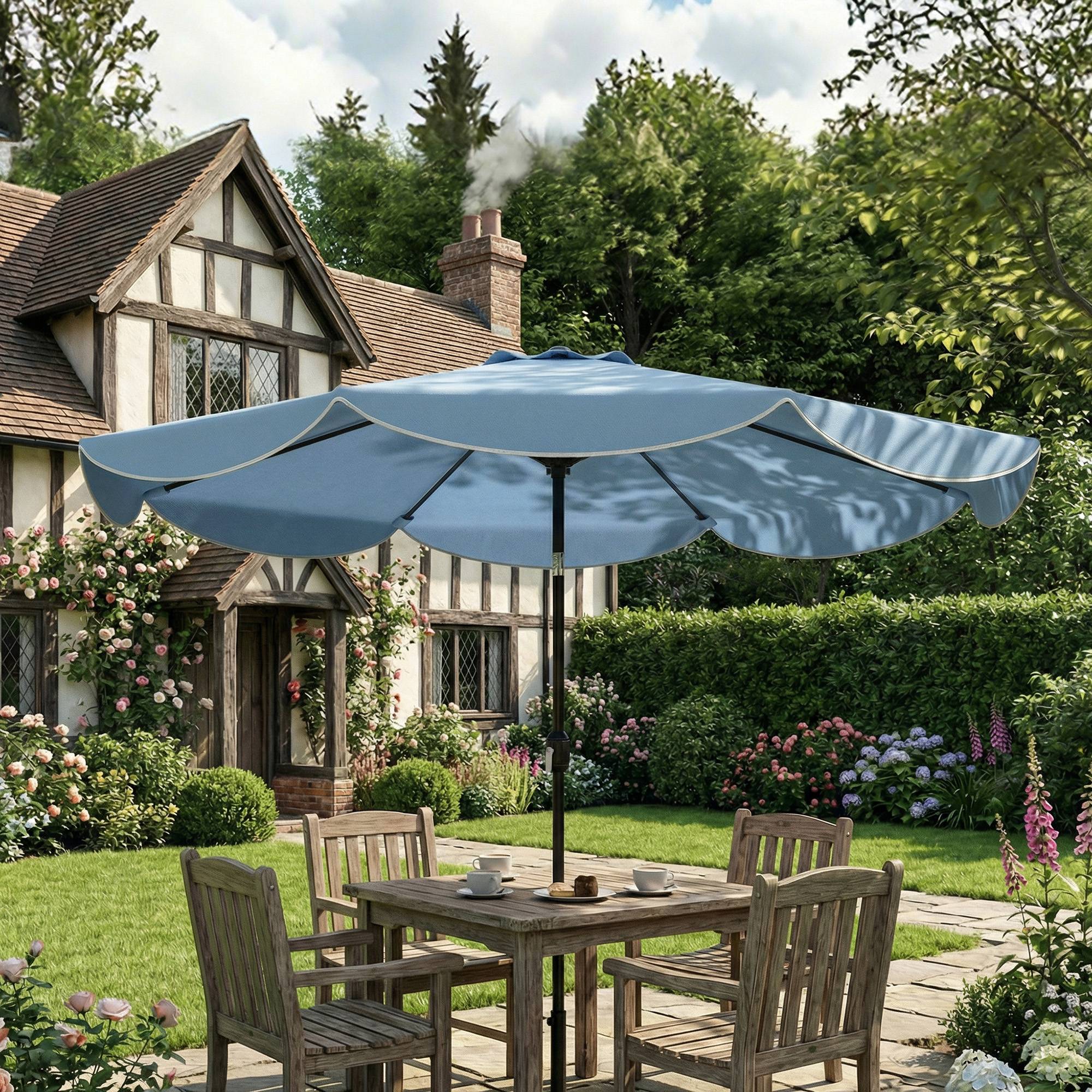 Parasol de terrasse extérieur Ø2,7 m avec manivelle et volant d'inclinaison réglables (3 positions), bleu clair - Image 4