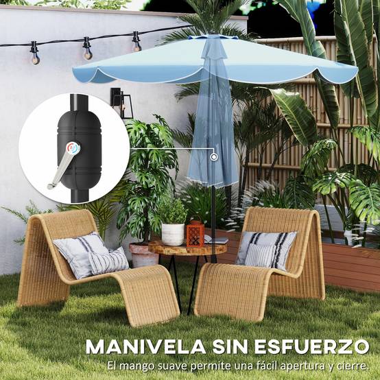 Parasol de terrasse extérieur Ø2,7 m avec manivelle et volant d'inclinaison réglables (3 positions), bleu clair - Image 8