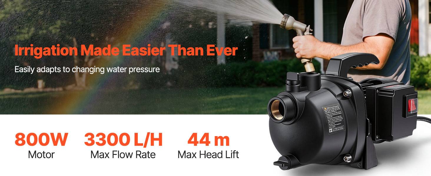 Vevor - VEVOR Pompe à jet 800 W en PP, débit 3300 L/h, aspiration 8 m, refoulement 44 m, pour irrigation et arrosage - Image 9