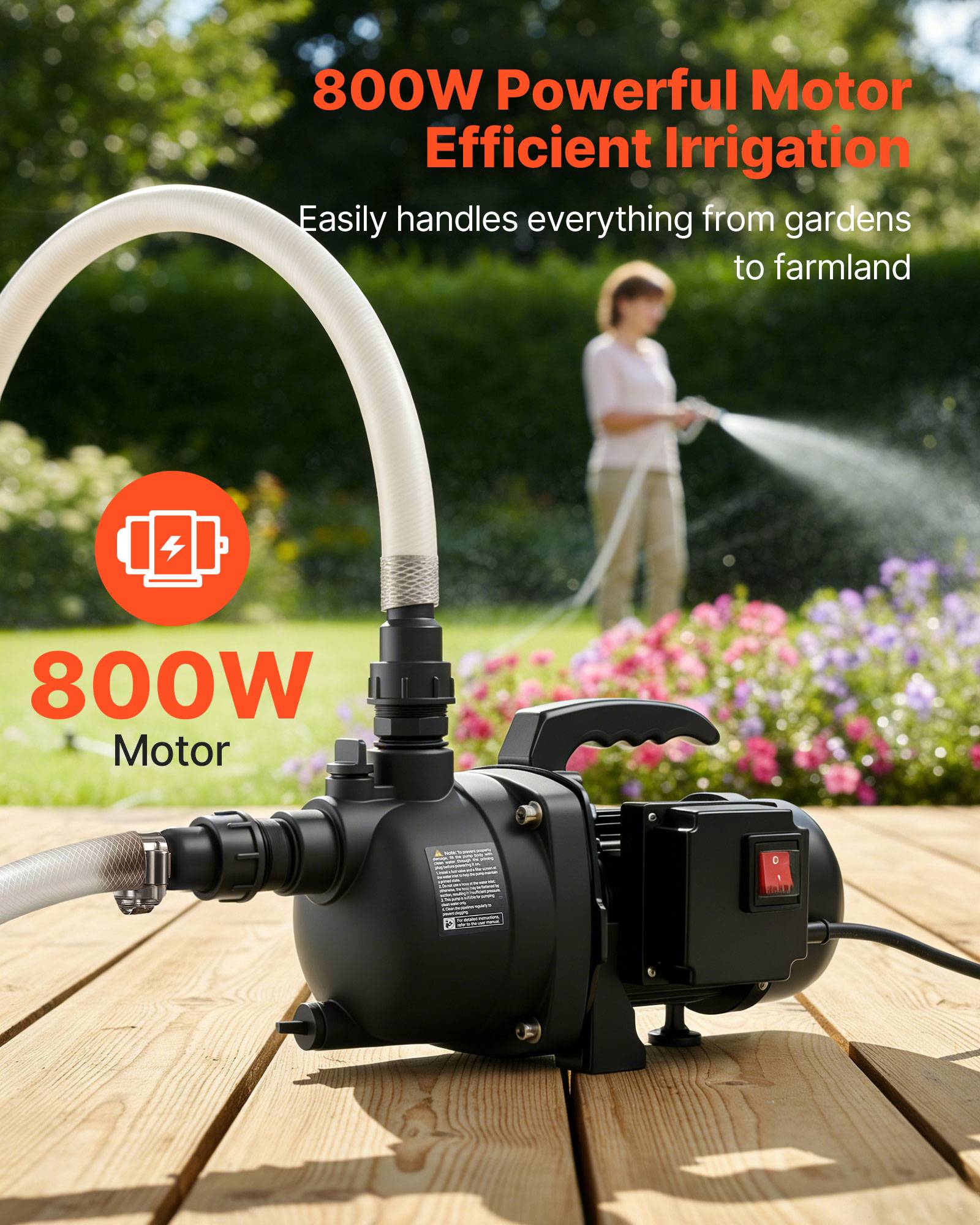 Vevor - VEVOR Pompe à jet 800 W en PP, débit 3300 L/h, aspiration 8 m, refoulement 44 m, pour irrigation et arrosage - Image 2