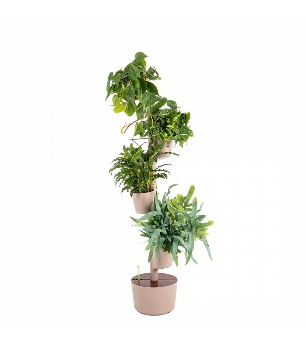 Jardinière verticale CitySens couleur écorce et bois teck avec 4 pots et arrosage manuel - Image 1