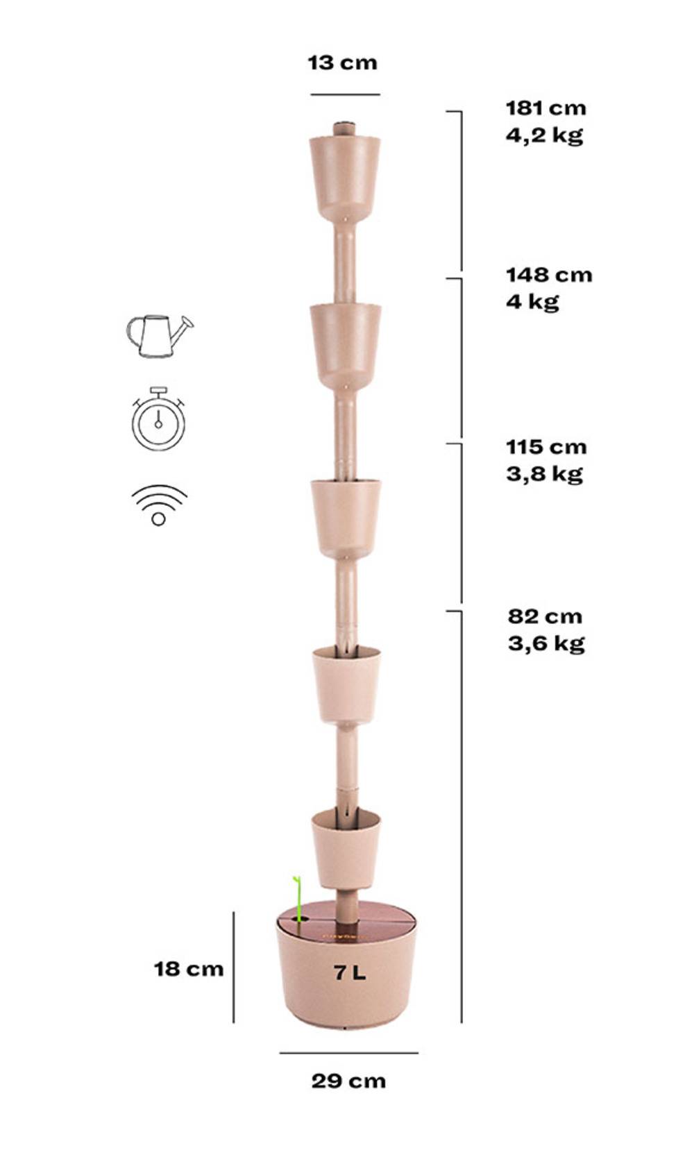 Jardinière verticale CitySens couleur écorce et bois teck avec 4 pots et arrosage manuel - Image 3