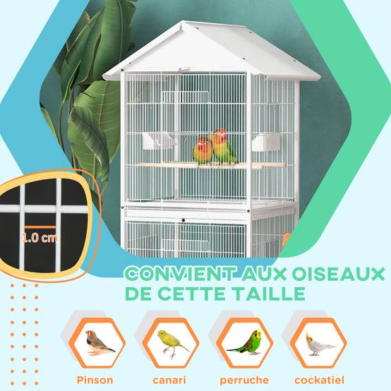 Volière cage à oiseaux sur roulettes design maison mangeoires perchoirs portes plateaux excréments amovibles métal - Image 8