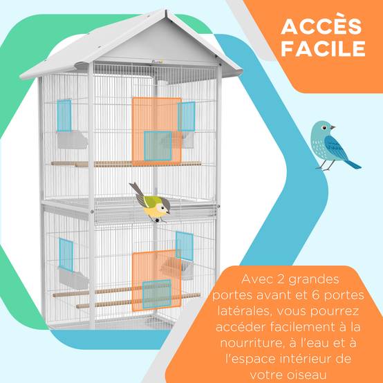 Volière cage à oiseaux sur roulettes design maison mangeoires perchoirs portes plateaux excréments amovibles métal - Image 7