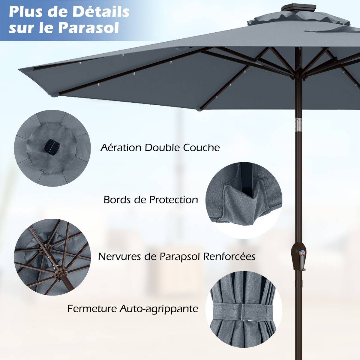 Parasol Inclinable Dia. 300 cm avec 24 Lumières LED Dolaire en Scier Toile Polyester pour Jardin et Terrasse Gris - Image 4