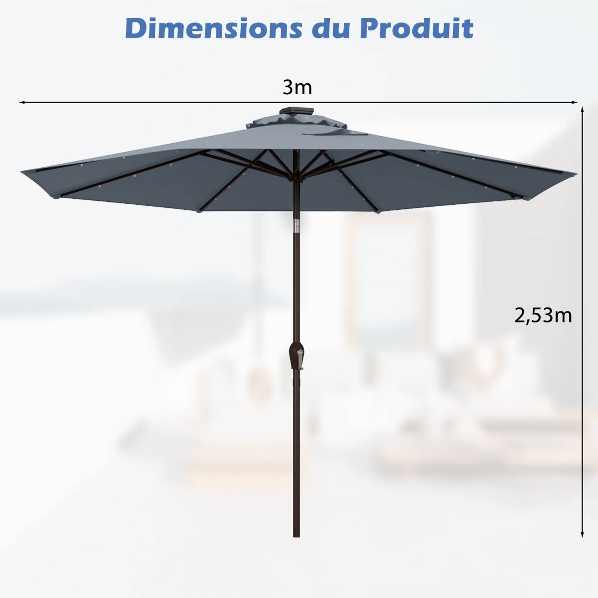 Parasol Inclinable Dia. 300 cm avec 24 Lumières LED Dolaire en Scier Toile Polyester pour Jardin et Terrasse Gris - Image 8