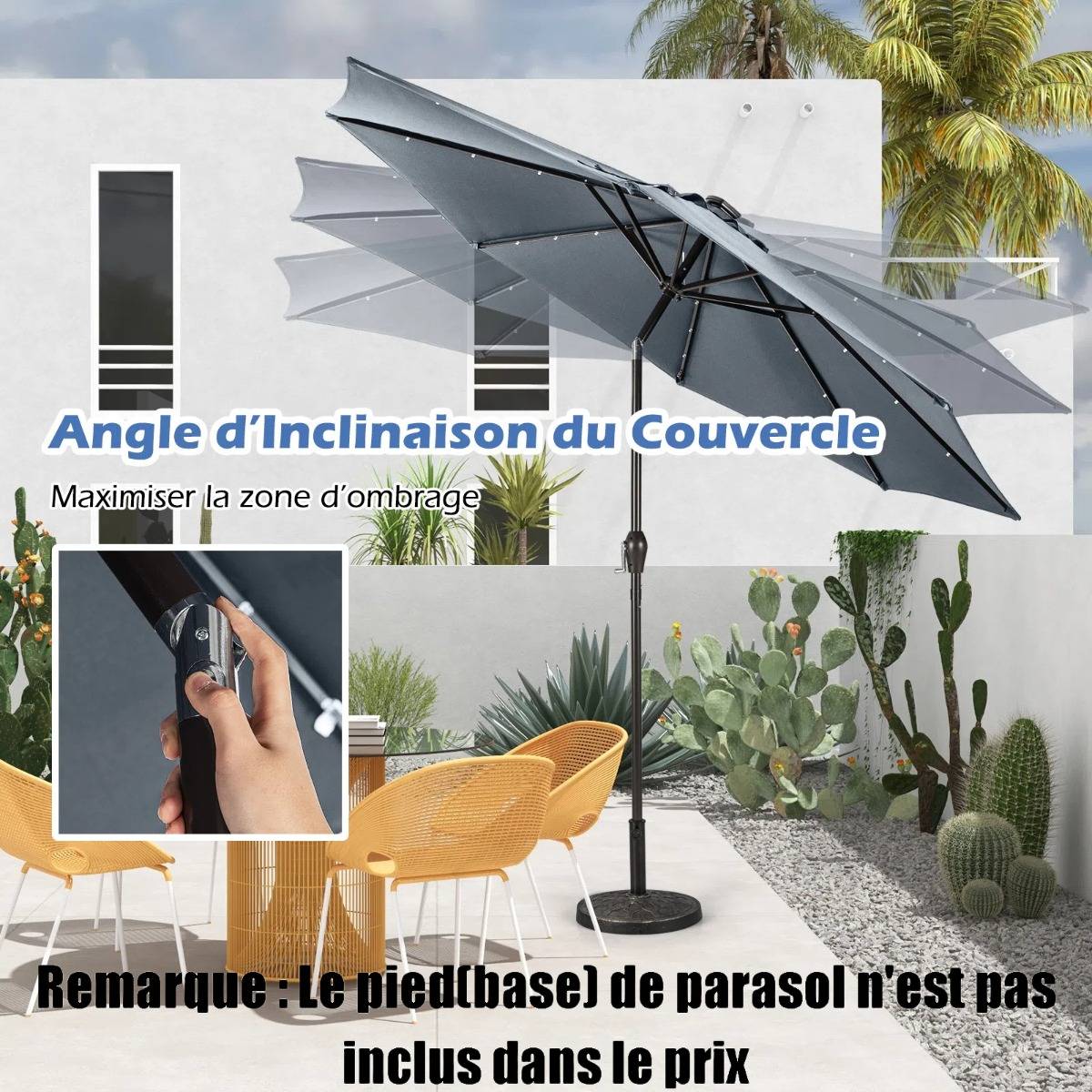 Parasol Inclinable Dia. 300 cm avec 24 Lumières LED Dolaire en Scier Toile Polyester pour Jardin et Terrasse Gris - Image 6