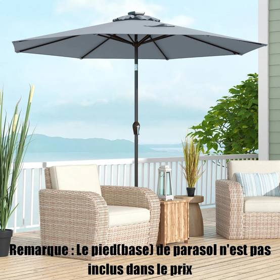 Parasol Inclinable Dia. 300 cm avec 24 Lumières LED Dolaire en Scier Toile Polyester pour Jardin et Terrasse Gris - Image 2