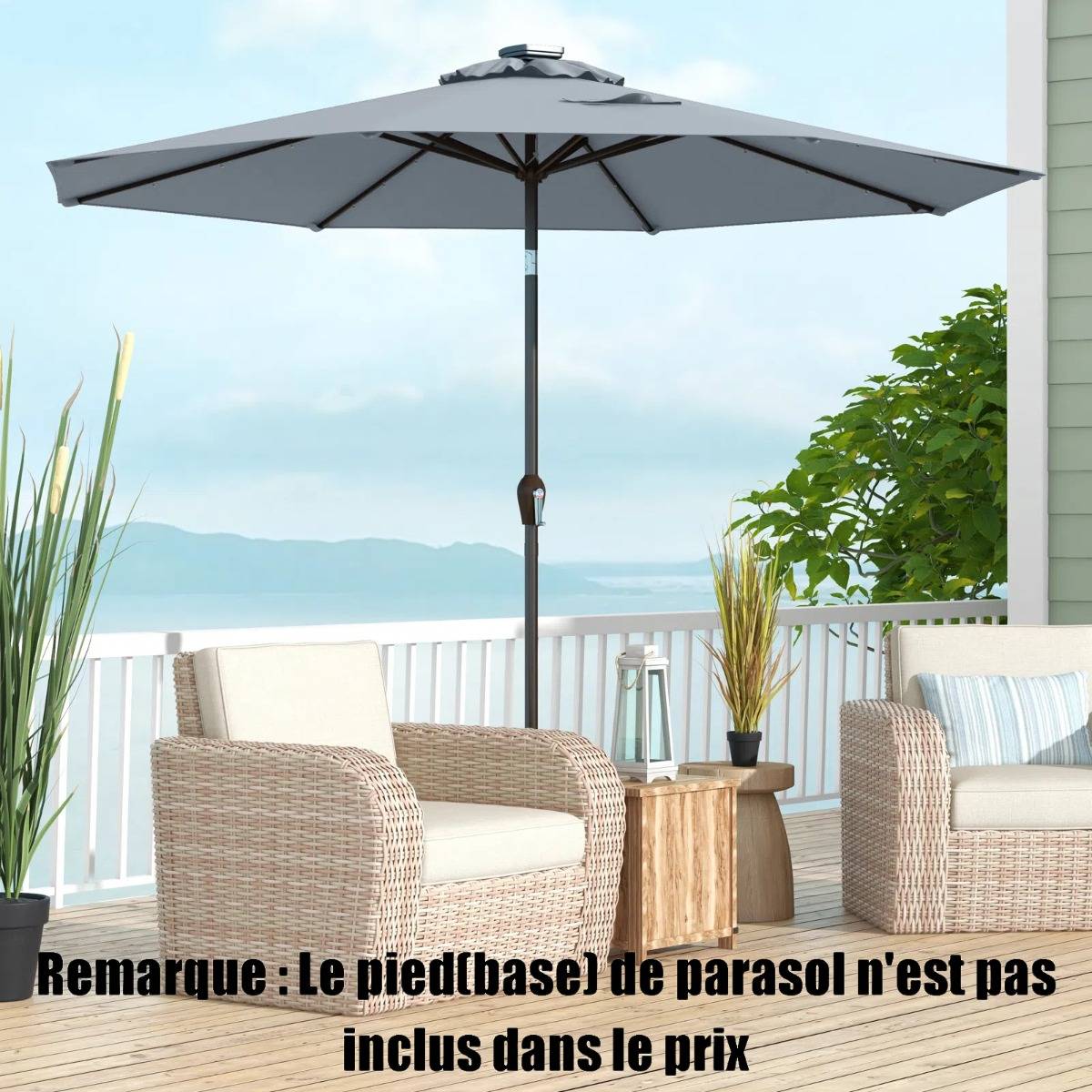 Parasol Inclinable Dia. 300 cm avec 24 Lumières LED Dolaire en Scier Toile Polyester pour Jardin et Terrasse Gris - Image 2