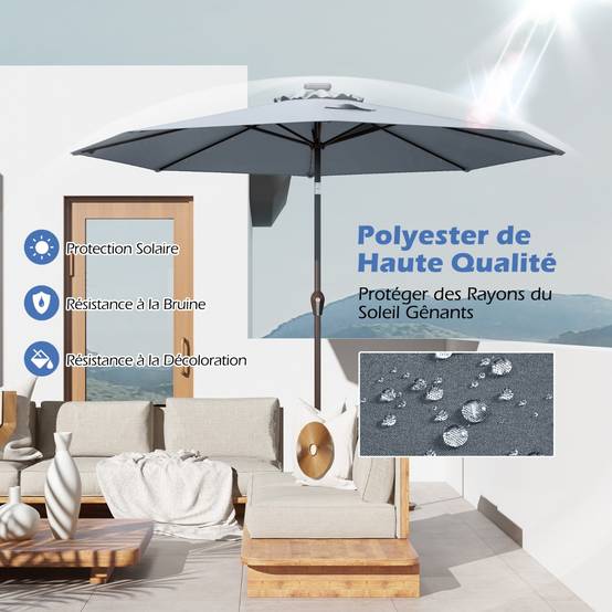 Parasol Inclinable Dia. 300 cm avec 24 Lumières LED Dolaire en Scier Toile Polyester pour Jardin et Terrasse Gris - Image 5