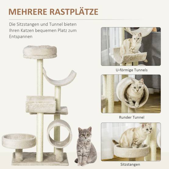 Arbre à chat avec griffoir, jouets et tunnel, beige, 50 x 40 x 105 cm, pour les amoureux des chats et des moments de jeu amusants. - Image 6