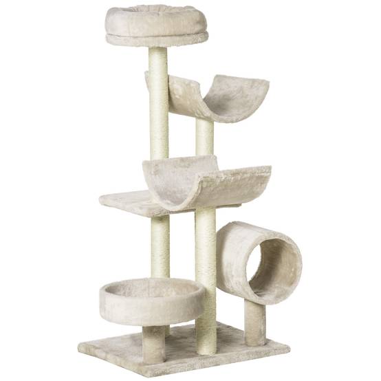 Arbre à chat avec griffoir, jouets et tunnel, beige, 50 x 40 x 105 cm, pour les amoureux des chats et des moments de jeu amusants. - Image 1