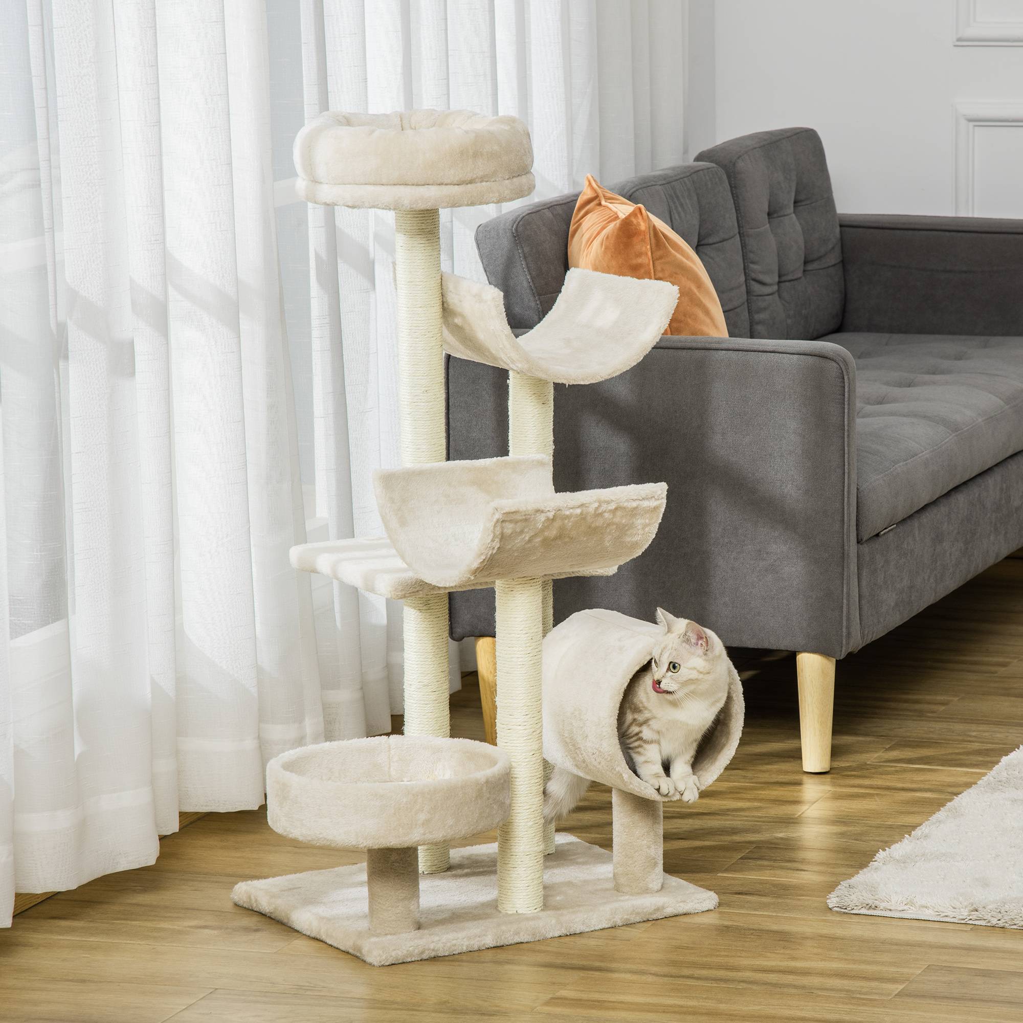 Arbre à chat avec griffoir, jouets et tunnel, beige, 50 x 40 x 105 cm, pour les amoureux des chats et des moments de jeu amusants. - Image 2