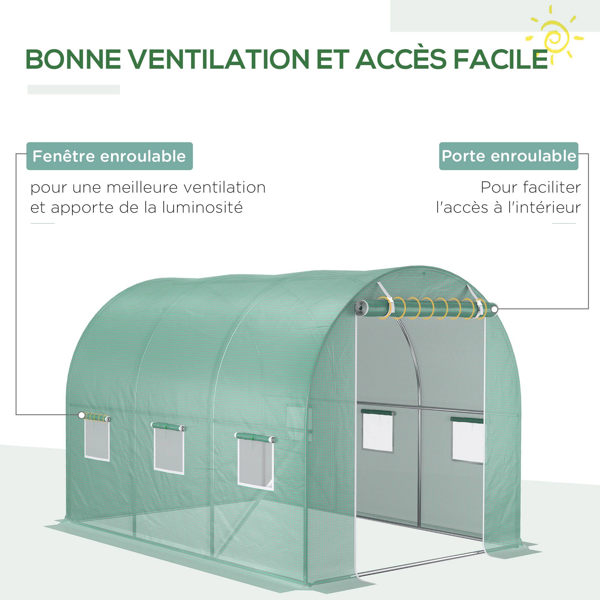 Bâche de Rechange Serre Tunnel 6 m², bâche 3 x 2 x 2 m PE Anti-UV imperméable 6 fenêtres + Porte Enroulable zippée Vert - Image 3