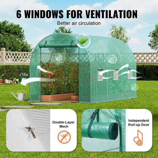 Vevor - VEVOR Serre tunnel 345x195x192 cm, cadre acier galvanisé, couverture PE 140 g/m², porte zippée enroulable, 6 fenêtres, pour jardin extérieur - Image 5