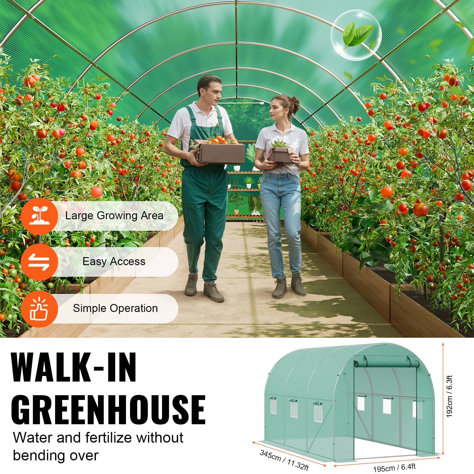 Vevor - VEVOR Serre tunnel 345x195x192 cm, cadre acier galvanisé, couverture PE 140 g/m², porte zippée enroulable, 6 fenêtres, pour jardin extérieur - Image 7
