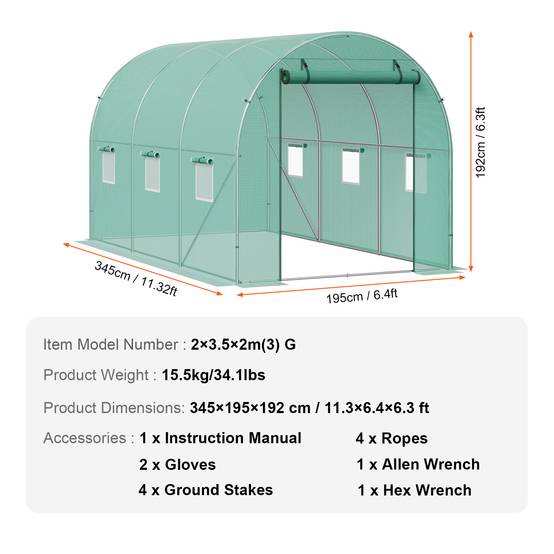 Vevor - VEVOR Serre tunnel 345x195x192 cm, cadre acier galvanisé, couverture PE 140 g/m², porte zippée enroulable, 6 fenêtres, pour jardin extérieur - Image 6
